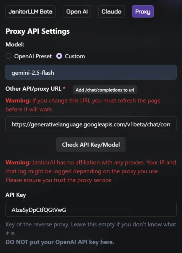 api settings for gemini api on janitor ai