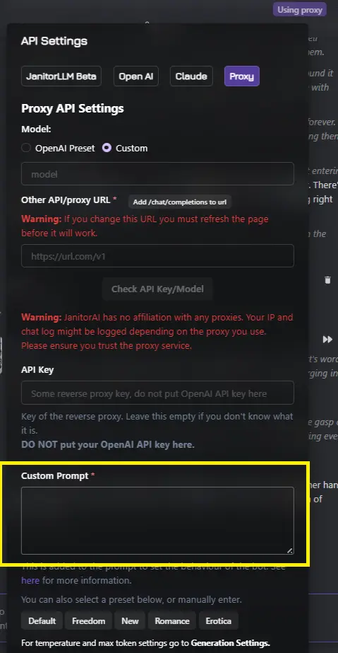 showing custom prompts setting in Janitor AI Custom Prompts
