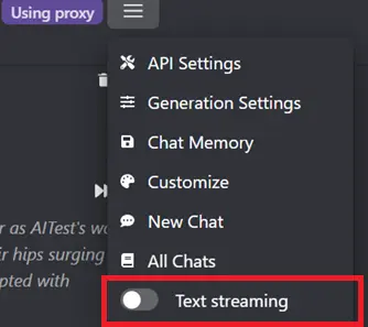 showing text steaming setting in Janitor AI